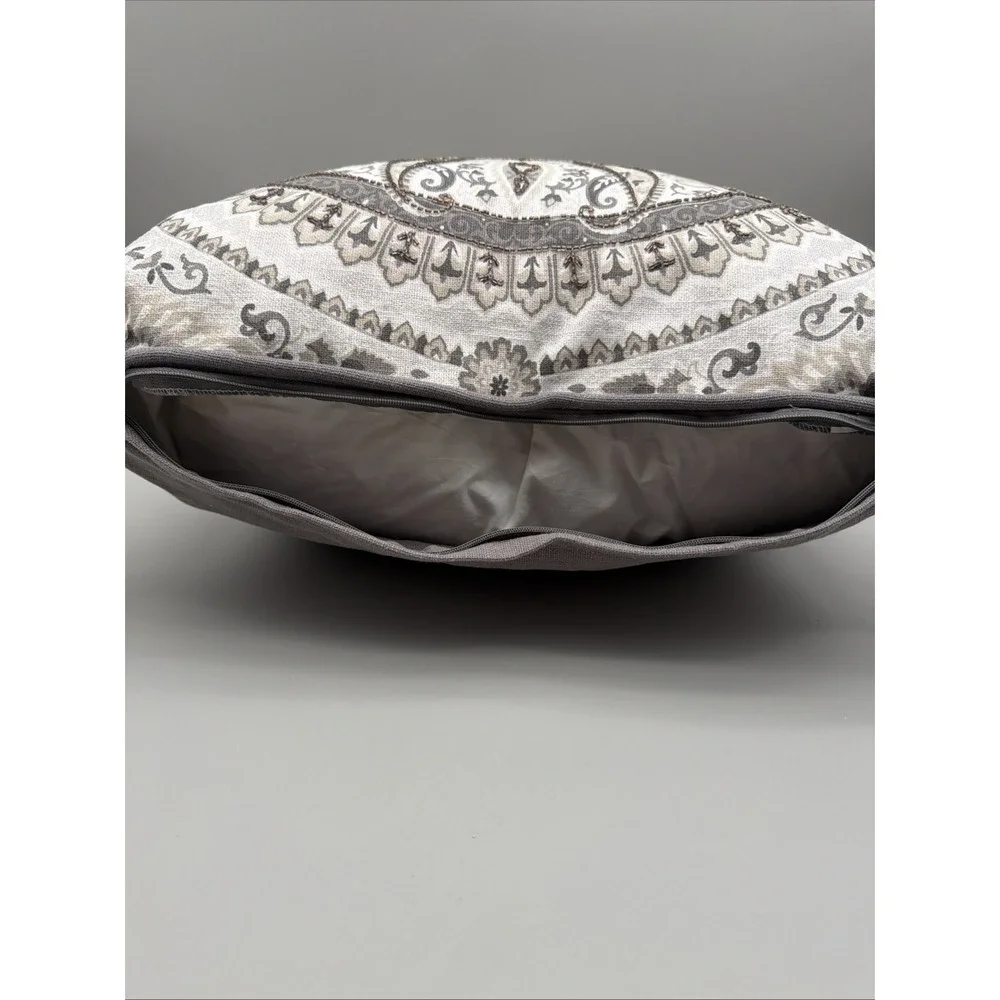 Set of 3 Beaded Medallion Decorative Pillows 18x18 Gray Ivory Paisley*